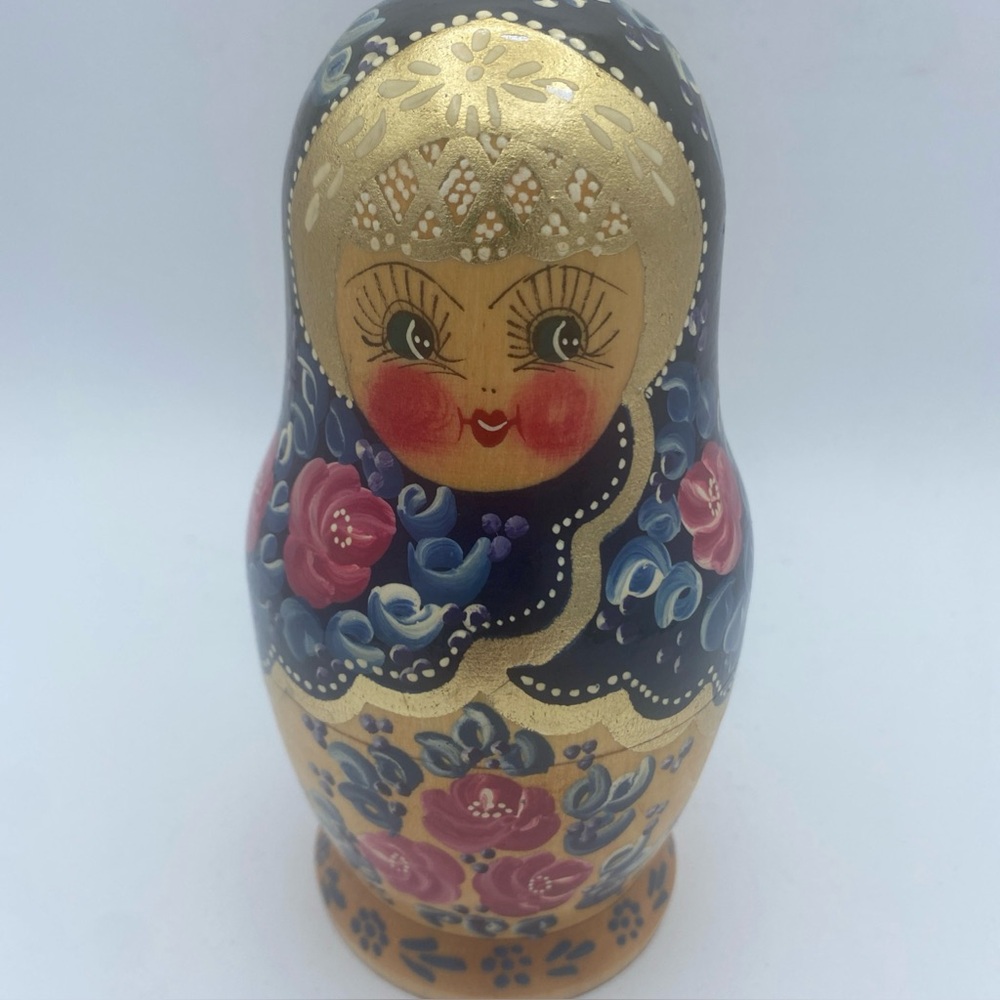 Russian 4 Pc Nesting Doll Poccua Wood Floral w/ Gold Color Accents 6”